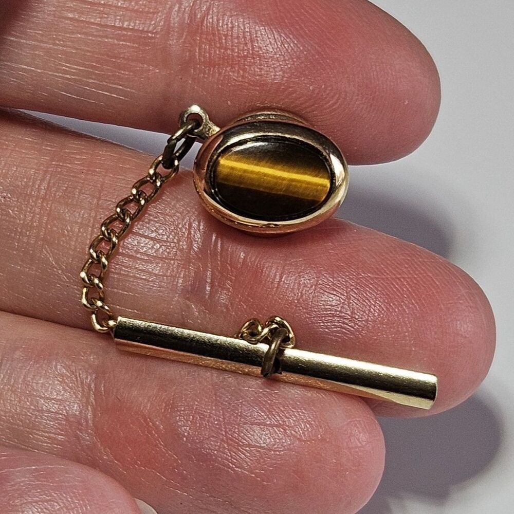 Vintage Swank Gold Tone Oval Tiger's Eye Tie Pin
